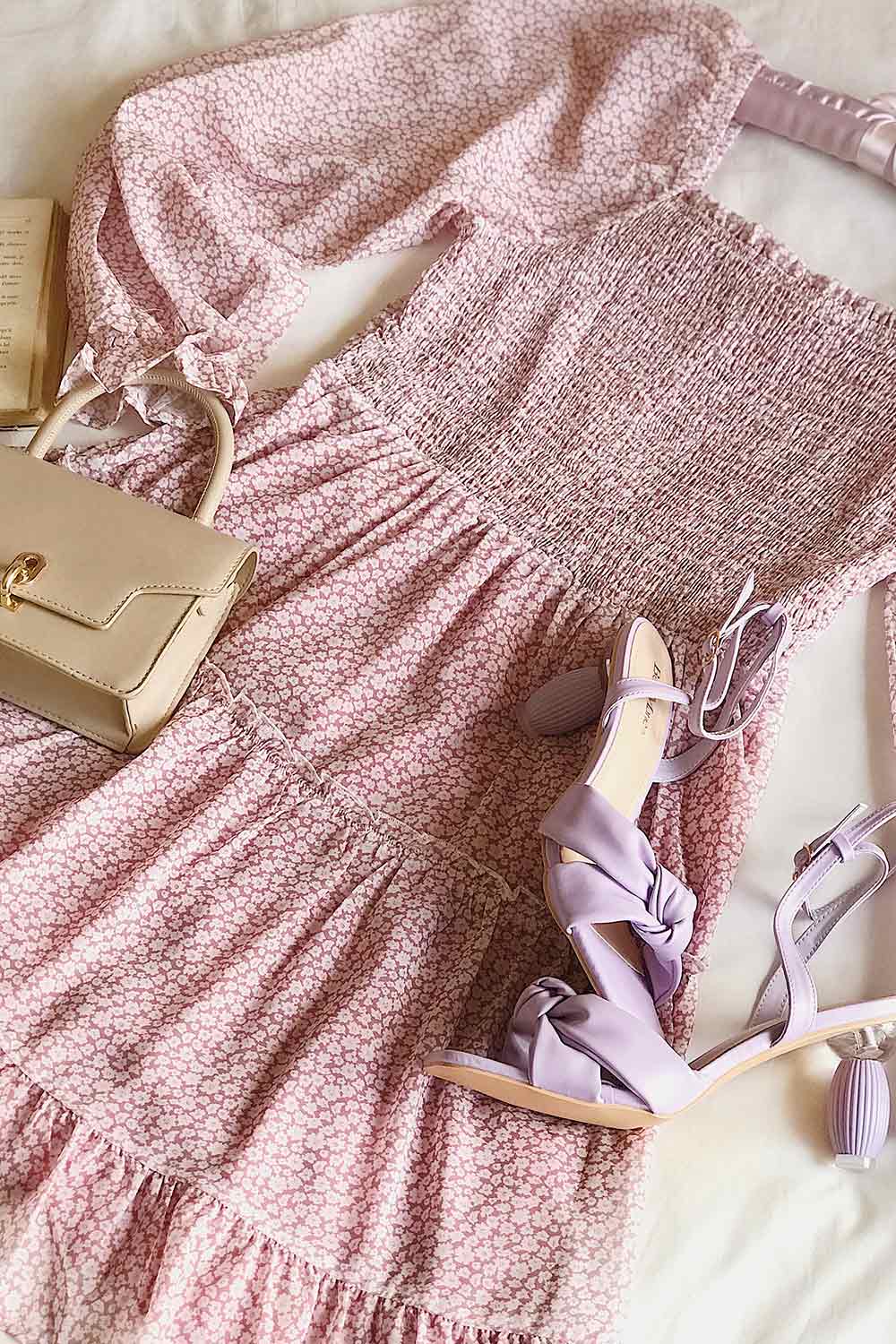 Daisa Mauve | Midi Floral Dress w/ Long Sleeves