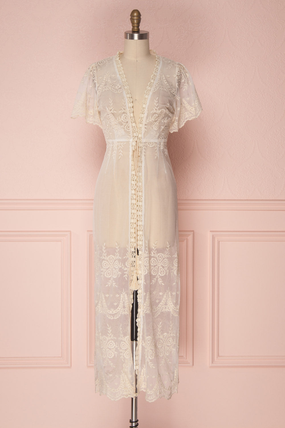 Daiva Day Cream Lace & Mesh Floral Maxi Kimono | Boutique 1861 1