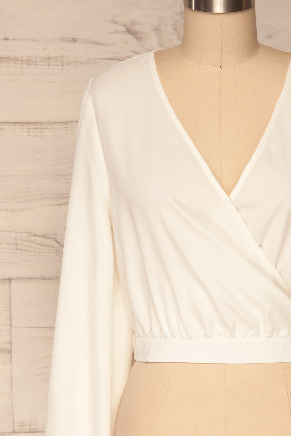 Dakovo White Long Sleeved Wrap Top | La Petite Garçonne front close-up