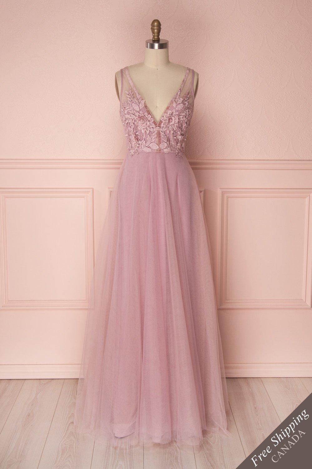 Darli Mauve Tulle Maxi Dress with Plunging Neckline | Boudoir 1861