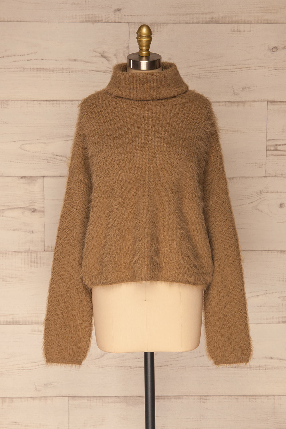Dassel Taupe Fuzzy Turtleneck Top | La petite garçonne front view