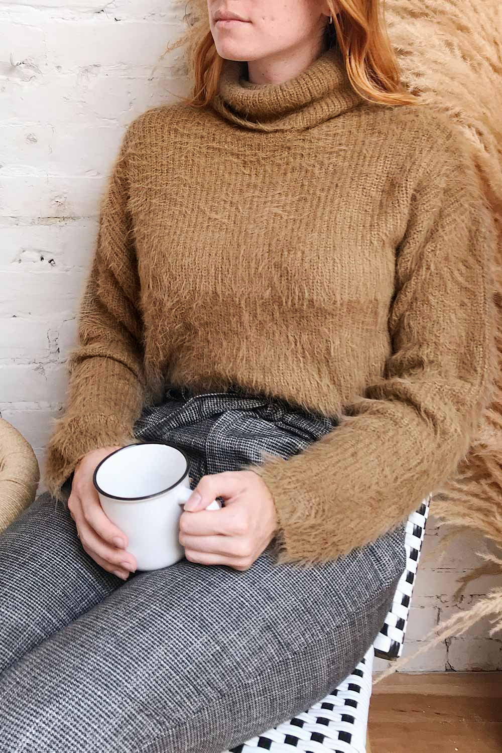 Dassel Ivory Fuzzy Turtleneck Top | La petite garçonne on model