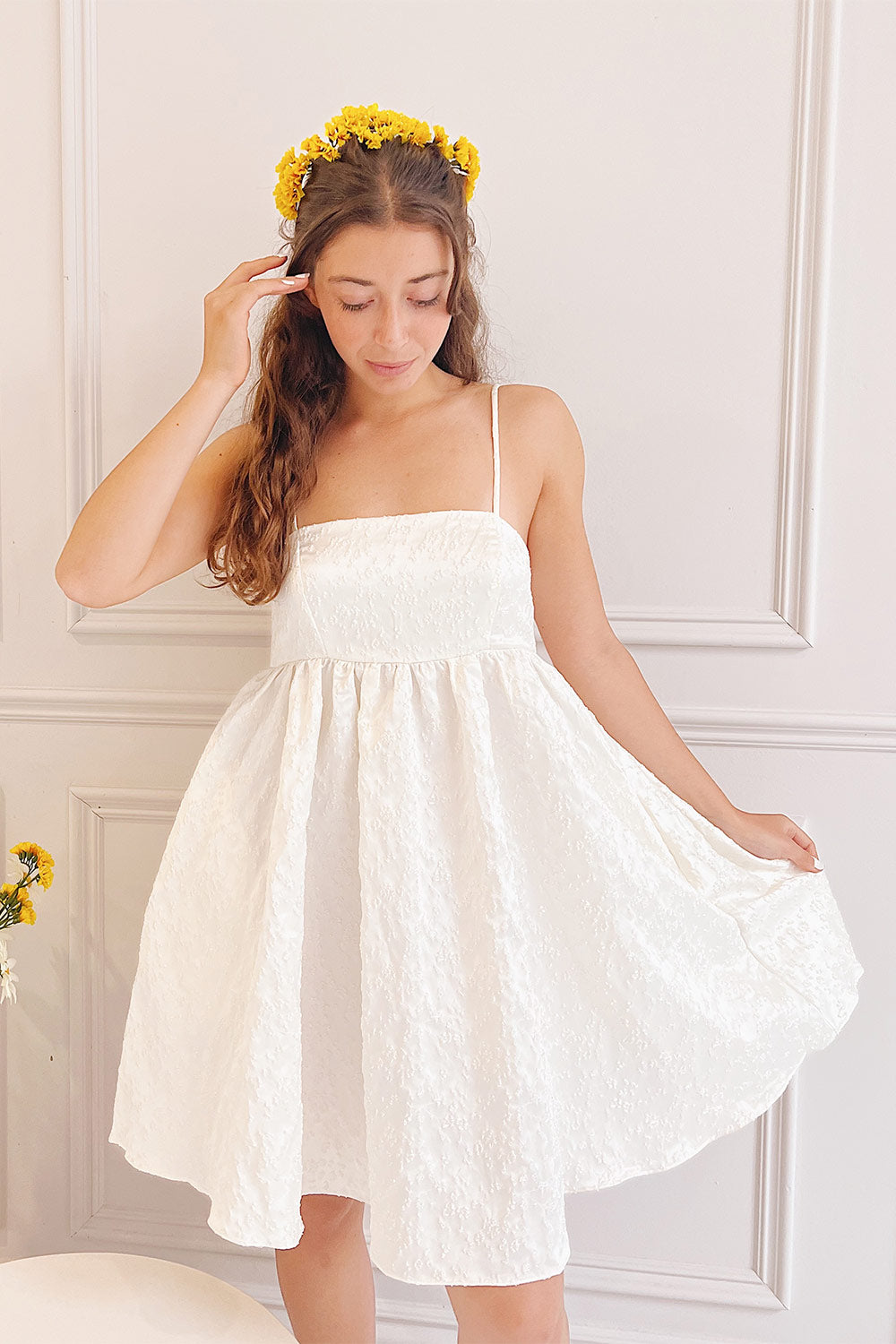 Daya White Satin Embroidered Babydoll Dress | Boutique 1861 model