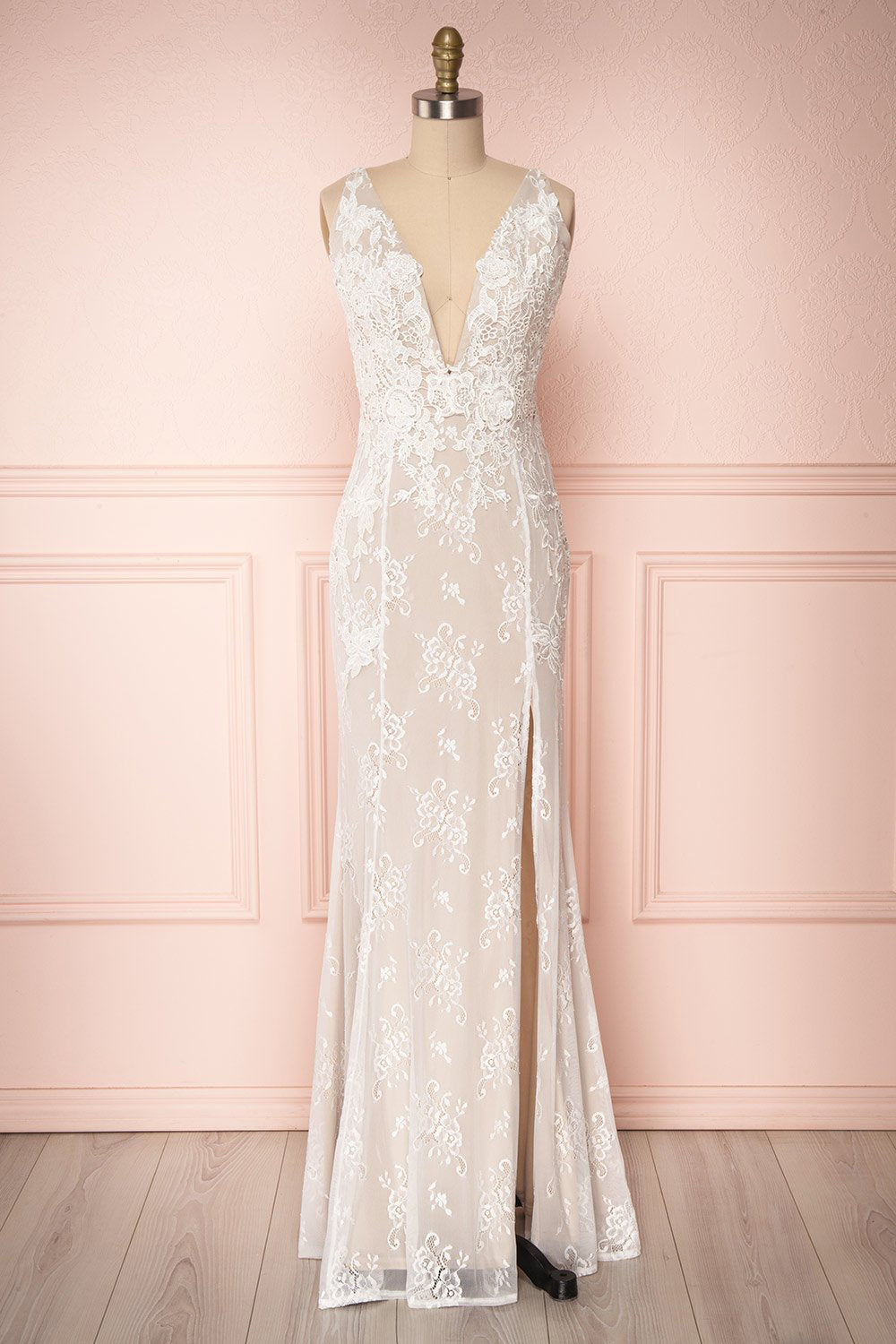 De Bourgh Snow White Lace Mermaid Gown with Slit | Boudoir 1861