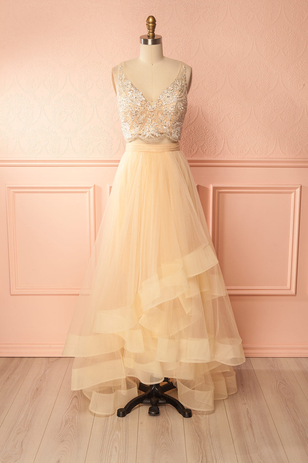 Deepali Champagne Tulle Skirt and Sequined Top Set | Boudoir 1861 front view