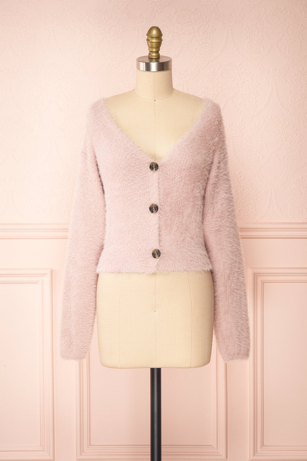 Delcia Pink Fuzzy Button-Up Cardigan | Boutique 1861 front view