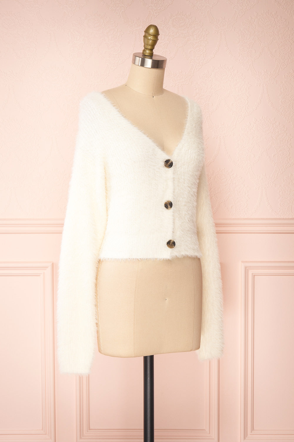 Delcia White Fuzzy Button-Up Cardigan | Boutique 1861 side view