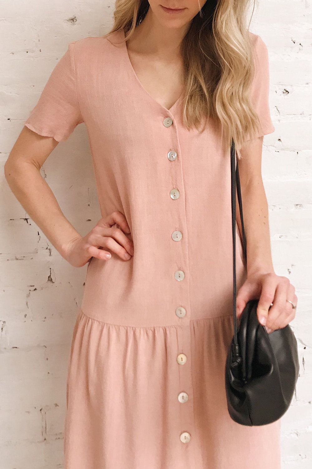 Demetria Beige Short Sleeve Button-Up Dress | La petite garçonne on model