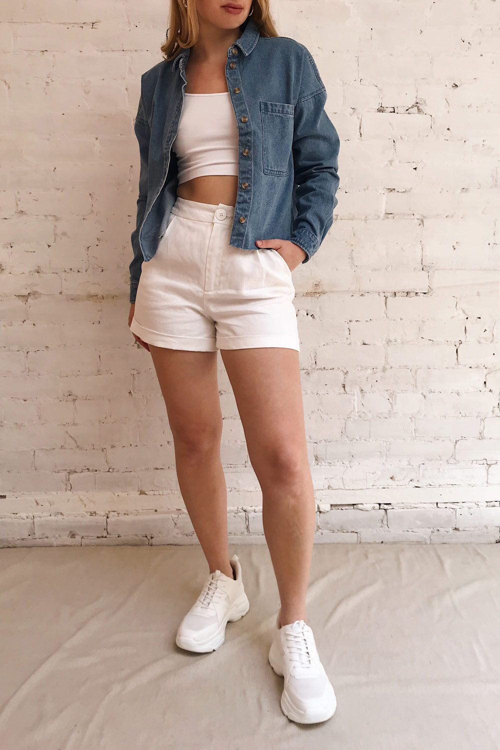 Poddebice Blue Denim Button-Up Crop Top | La petite garçonne model look