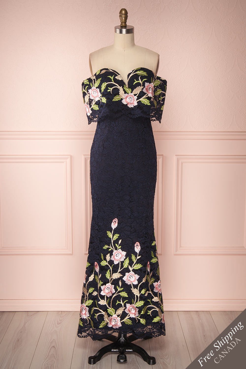 Dergnat Navy Embroidered Lace Off-Shoulder Gown | Boutique 1861