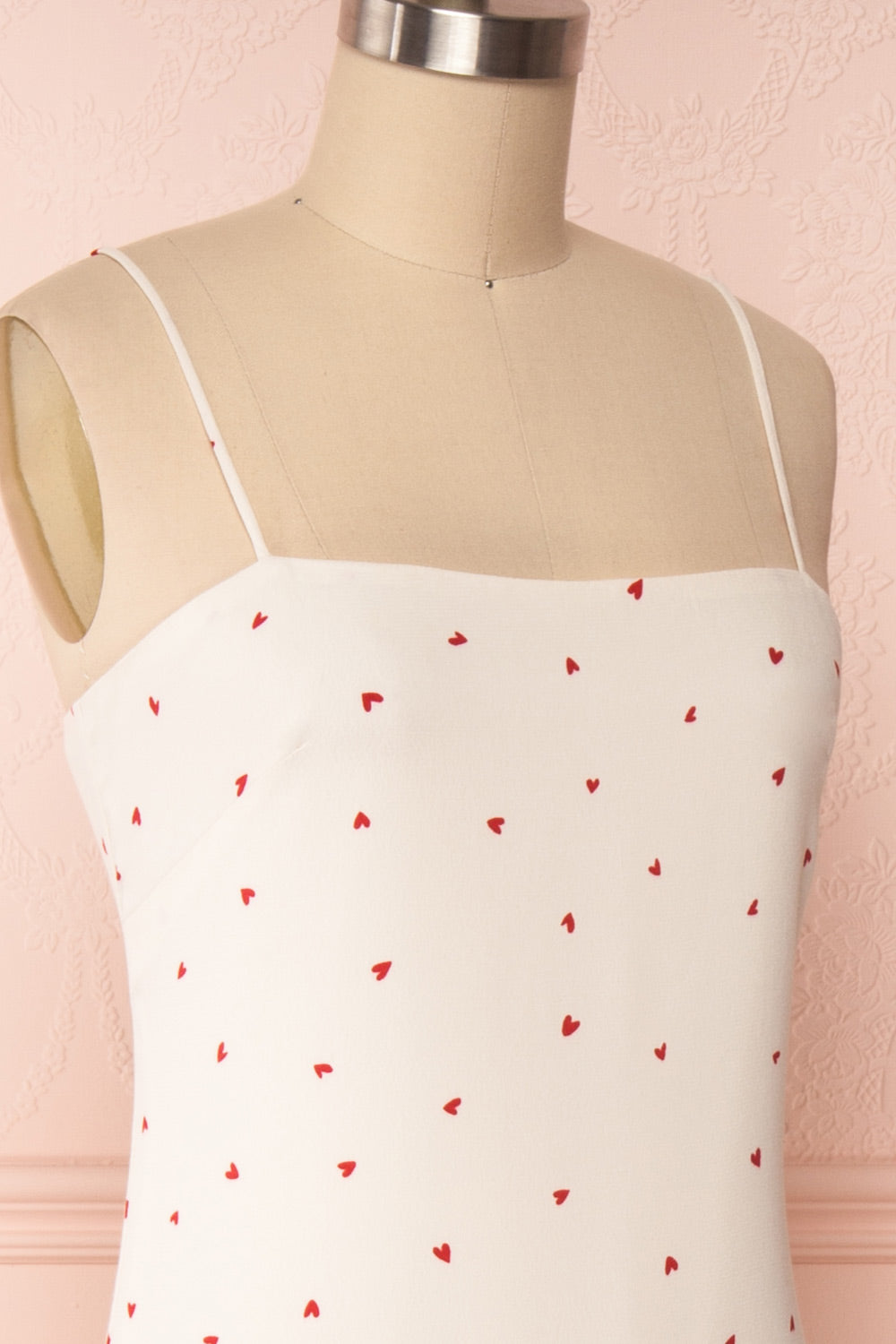 Desiree Beige Short Dress w/ Red Hearts | Boutique 1861 side close up