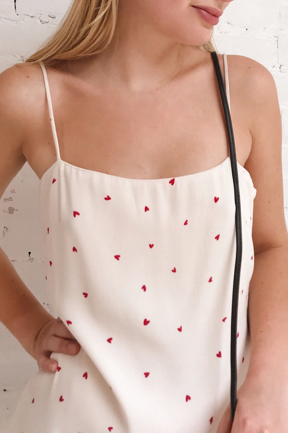 Desiree Beige Short Dress w/ Red Hearts | Boutique 1861 on model