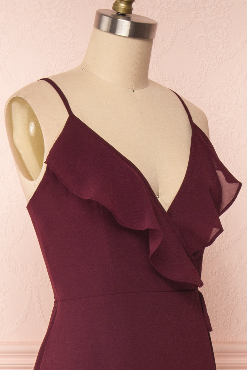 Destry Bourgogne Burgundy High-Low Maxi Wrap Dress side close up | Boudoir 1861