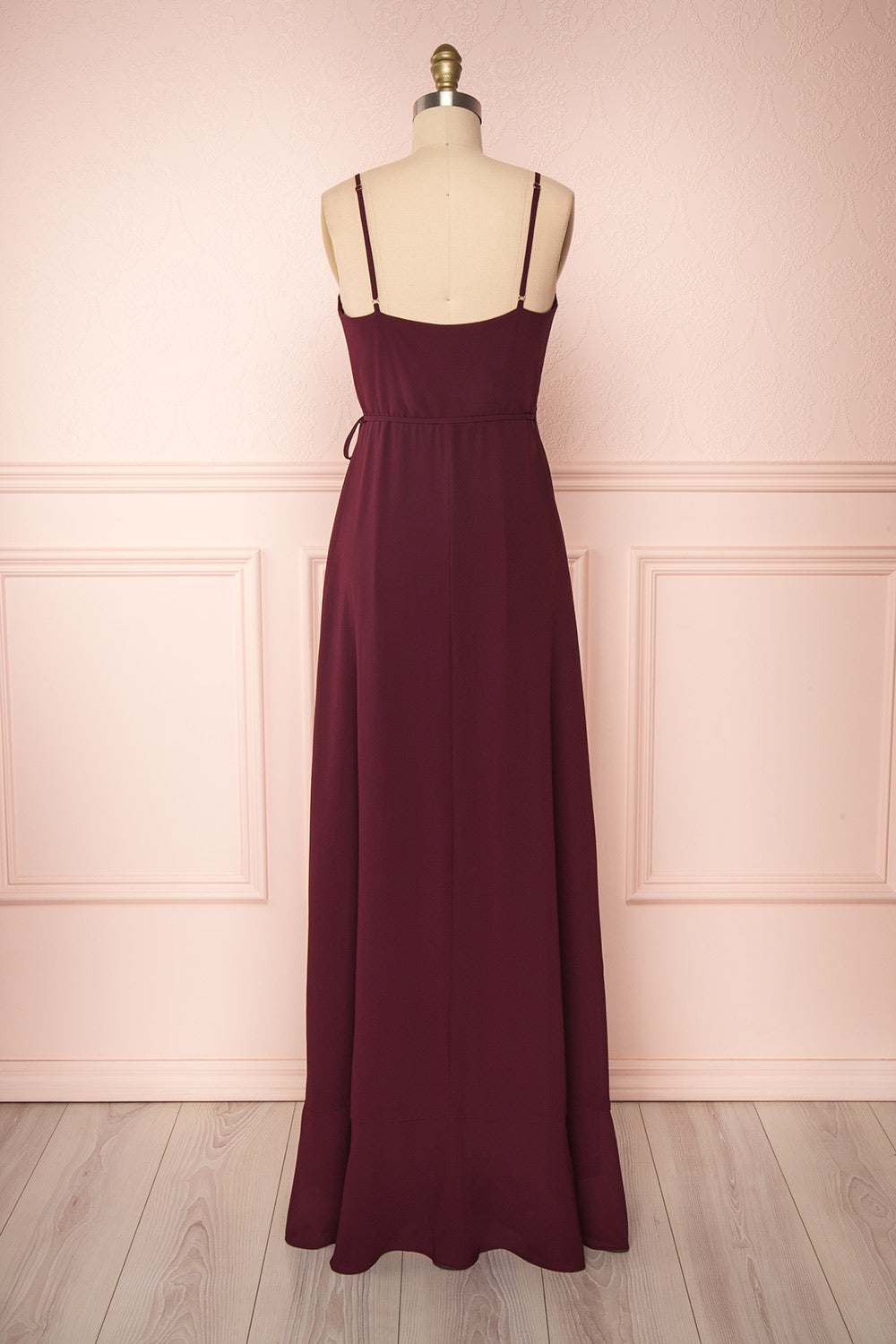Destry Bourgogne Burgundy High-Low Maxi Wrap Dress back view | Boudoir 1861