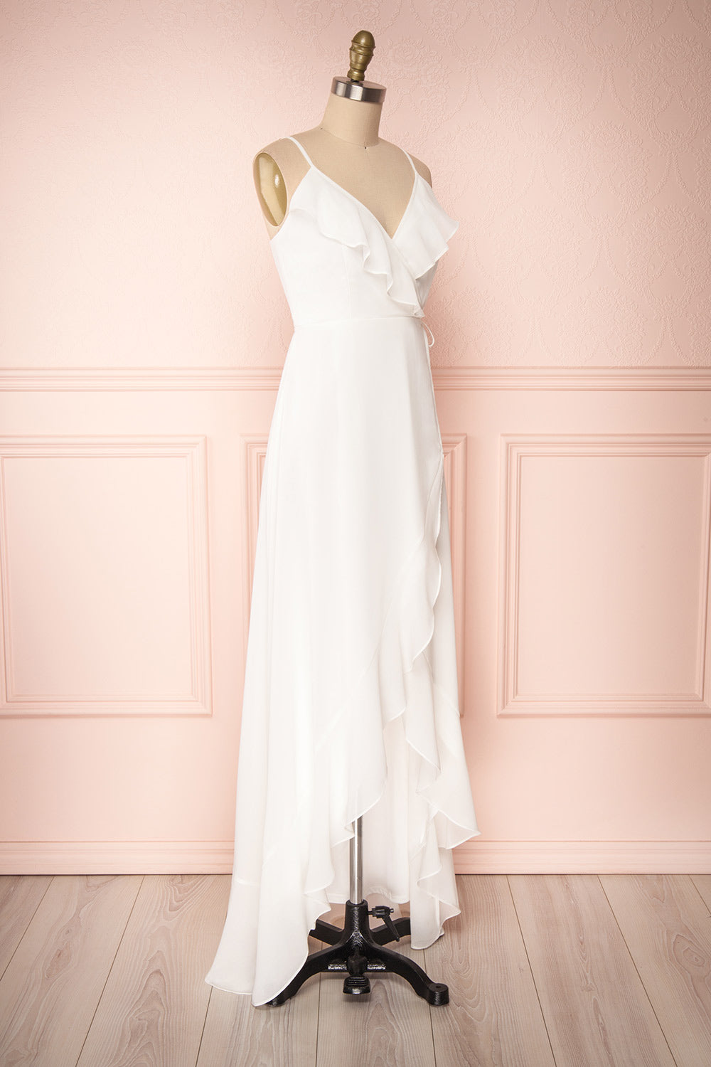 Destry Ivoire Ivory Ruffled High-Low Maxi Wrap Dress side view | Boudoir 1861
