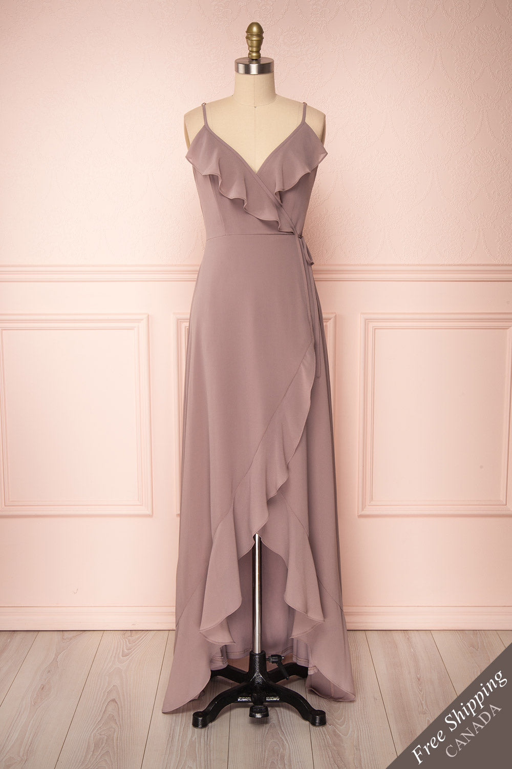Destry Taupe Mauve Ruffled High-Low Maxi Wrap Dress front view FS | Boudoir 1861