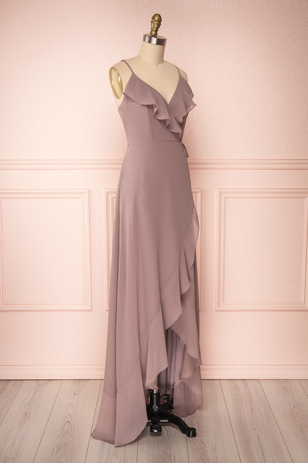 Destry Taupe Mauve Ruffled High-Low Maxi Wrap Dress side view | Boudoir 1861