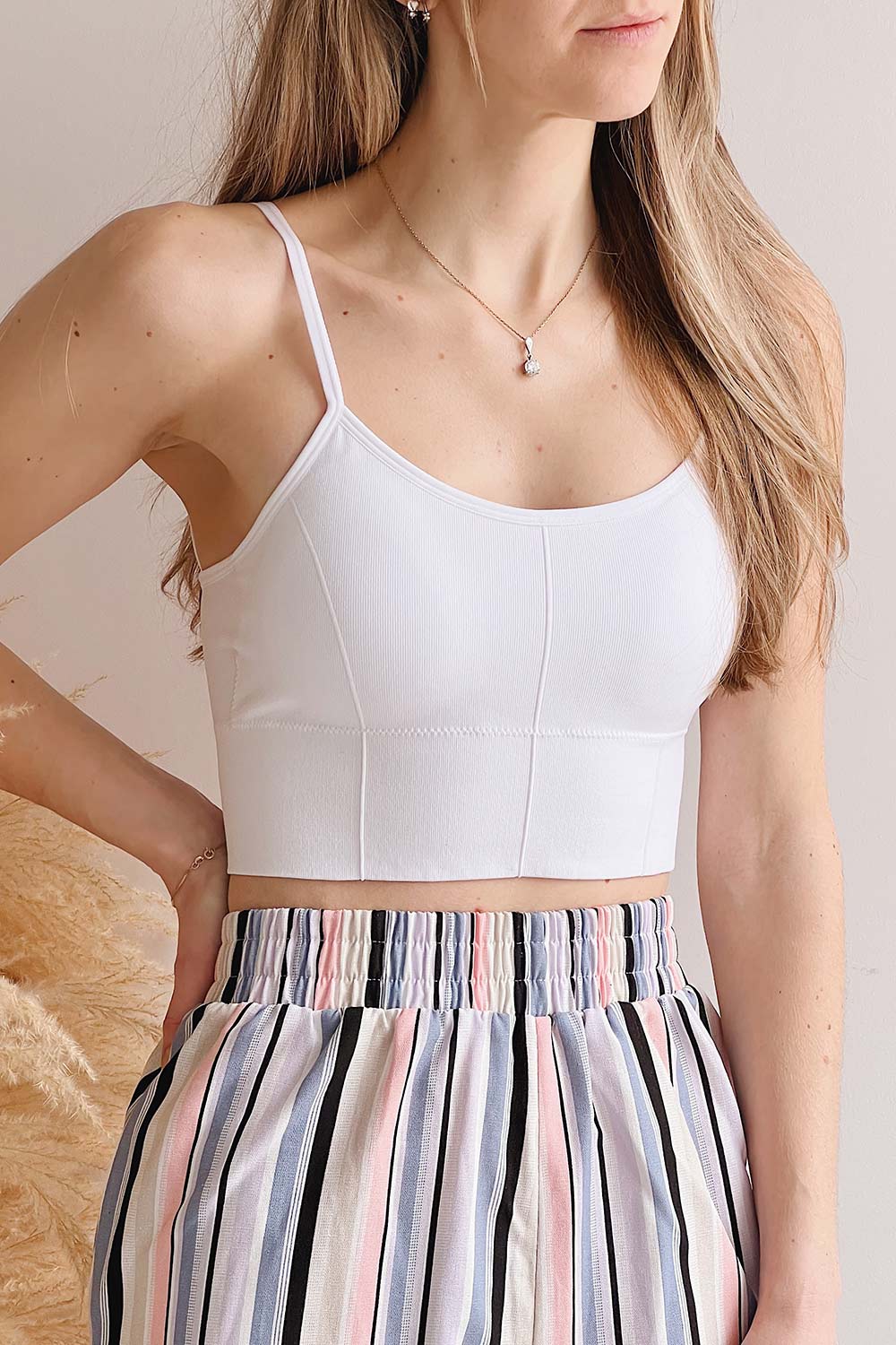 Dezra Beige Textured Bralette | La petite garçonne on model