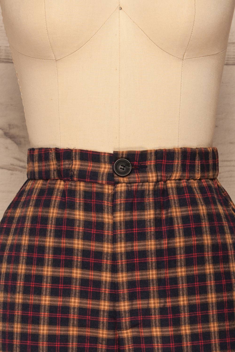 Dobrodzien Navy Blue, Beige & Red Plaid Pants | La Petite Garçonne front close-up