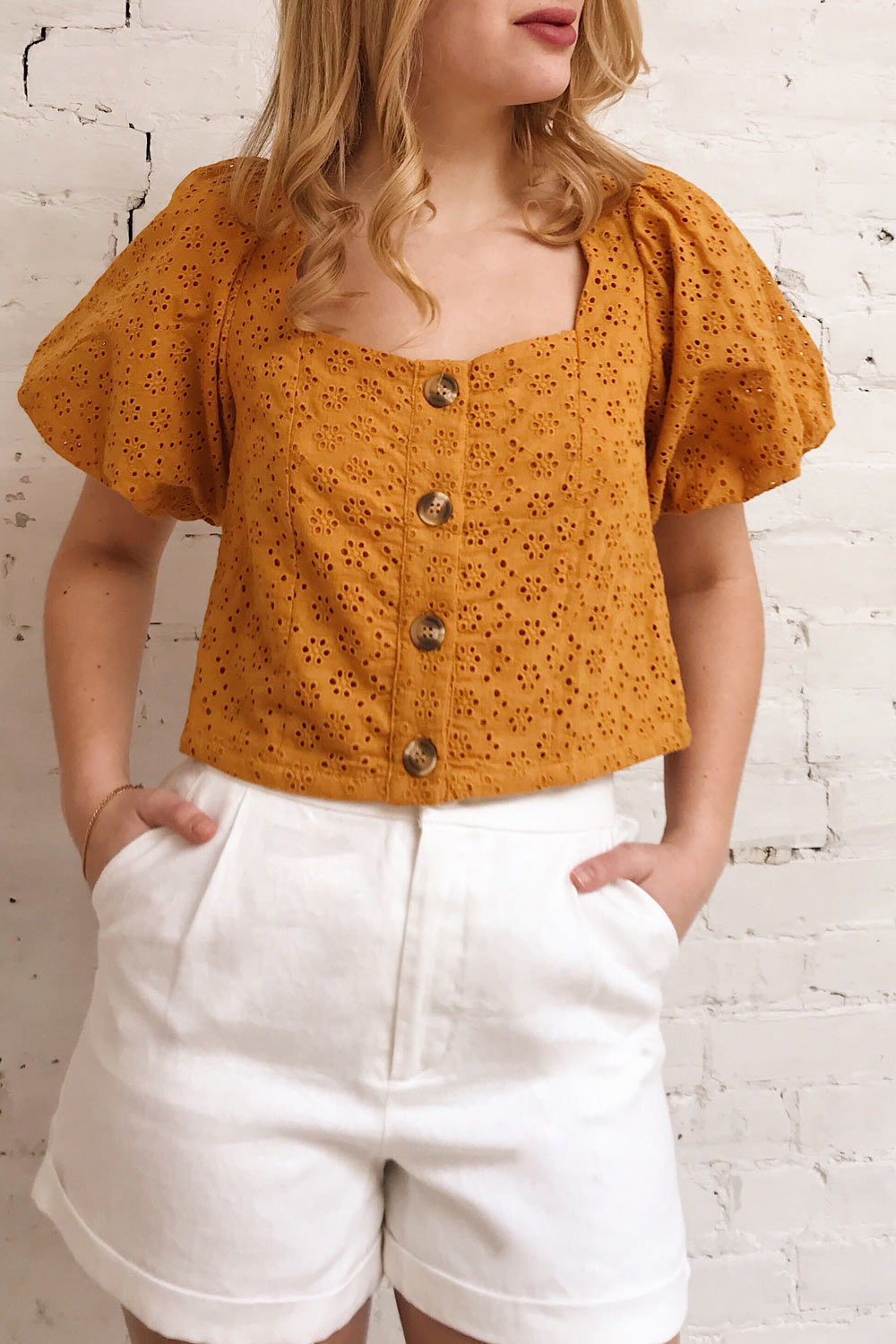 Dokkum Caramel Puffy Sleeve Openwork Top | La petite garçonne on model