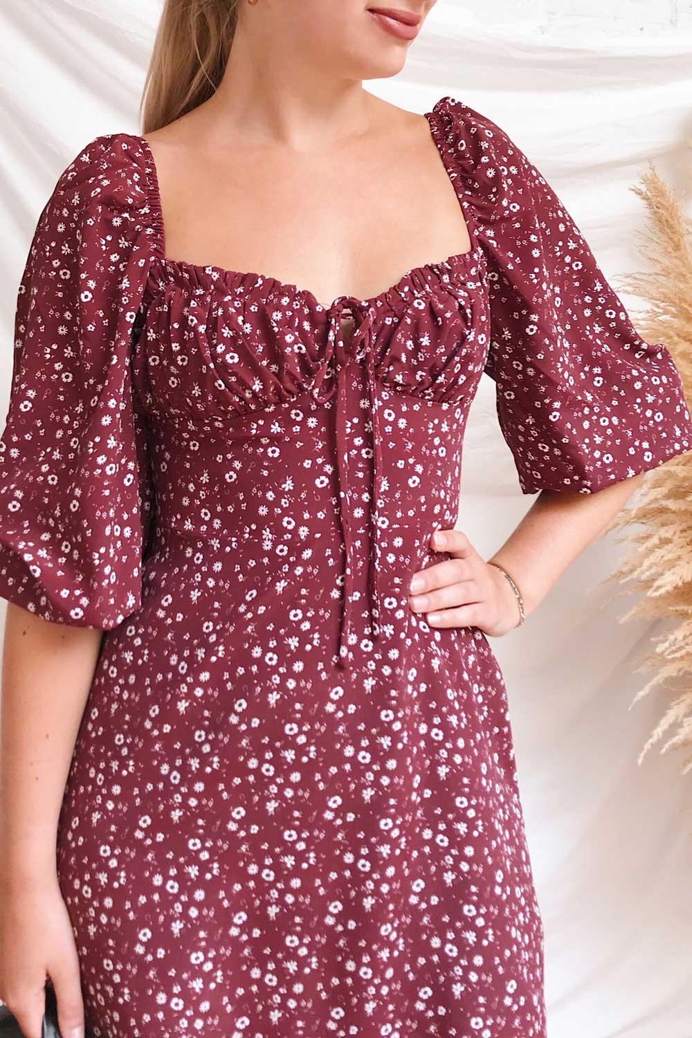 Donnie Burgundy Short Floral Dress | Boutique 1861 on model