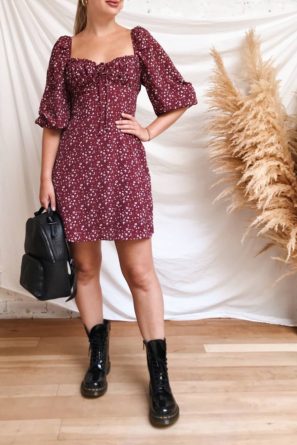 Donnie Burgundy Short Floral Dress | Boutique 1861 model look