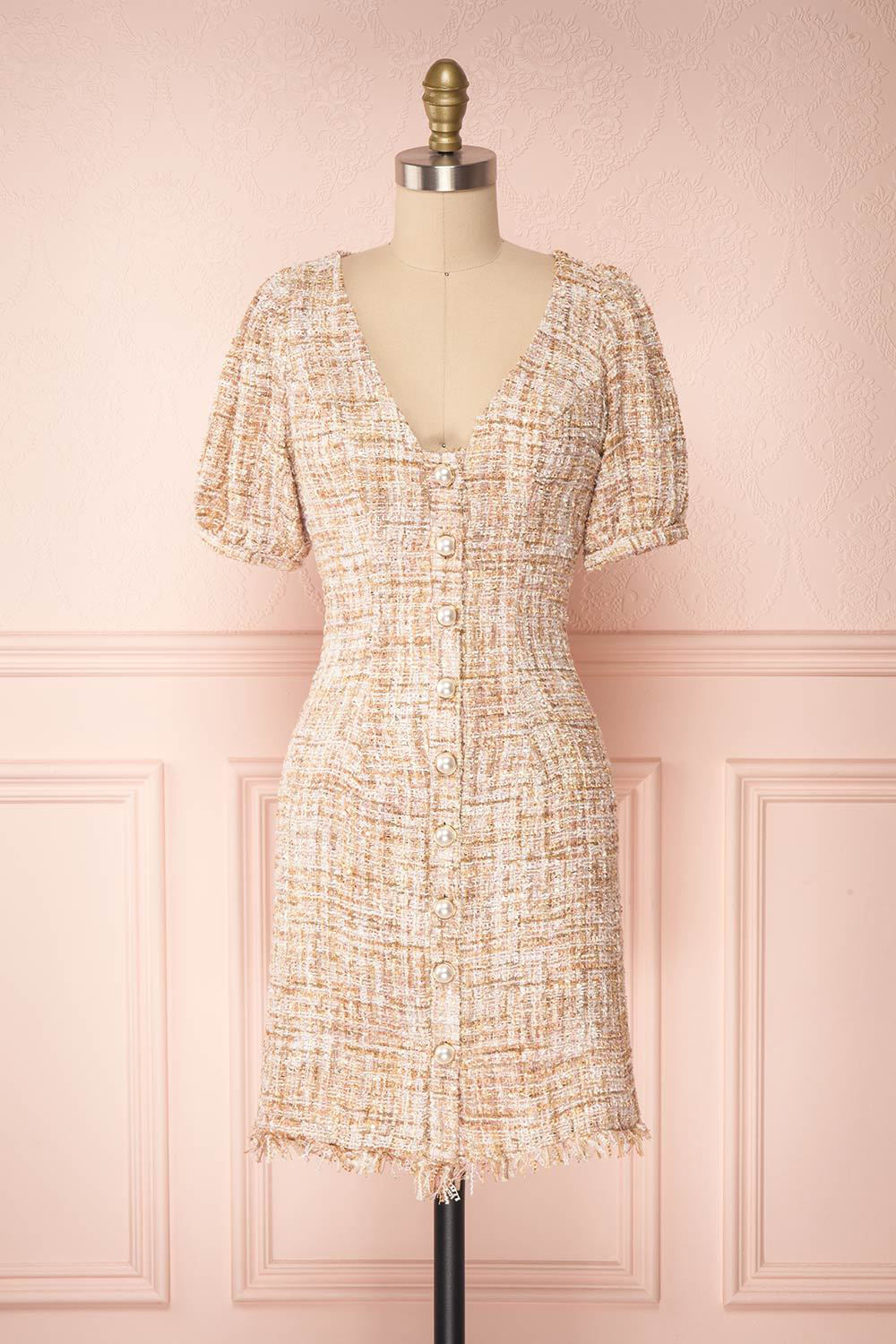Dorothea Beige & Gold Tweed Dress | Boutique 1861