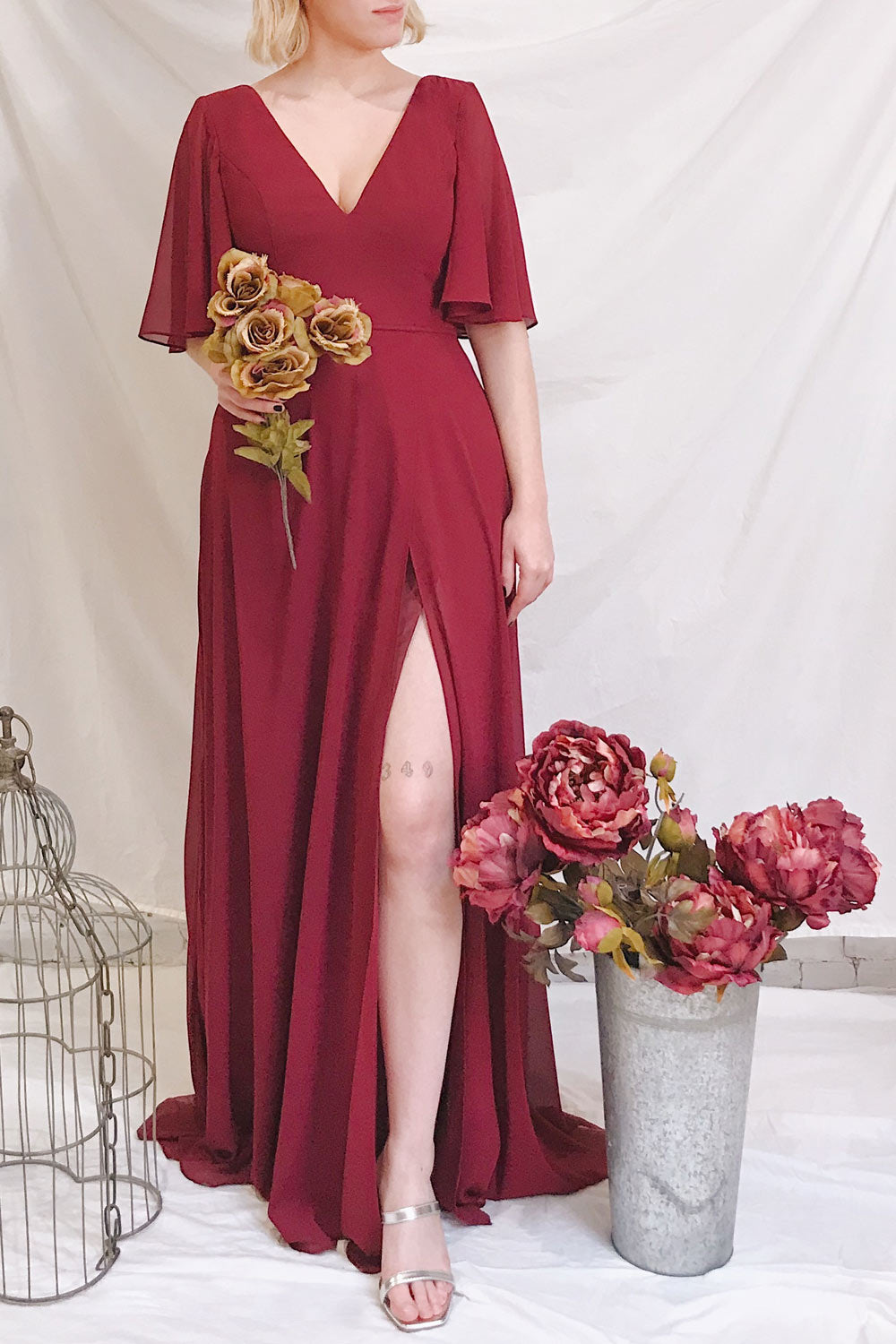 Adelphia Burgundy Chiffon Maxi Dress | Boutique 1861 model