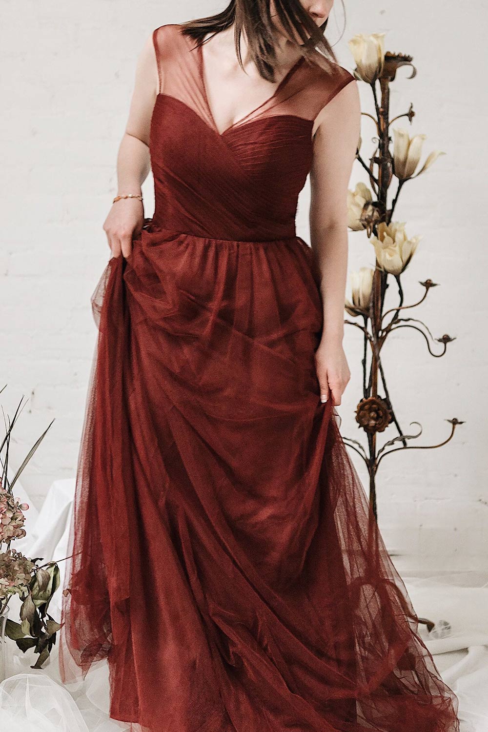 Adifa Burgundy Net Tulle Sleeveless A-Line Gown | Boudoir 1861 2