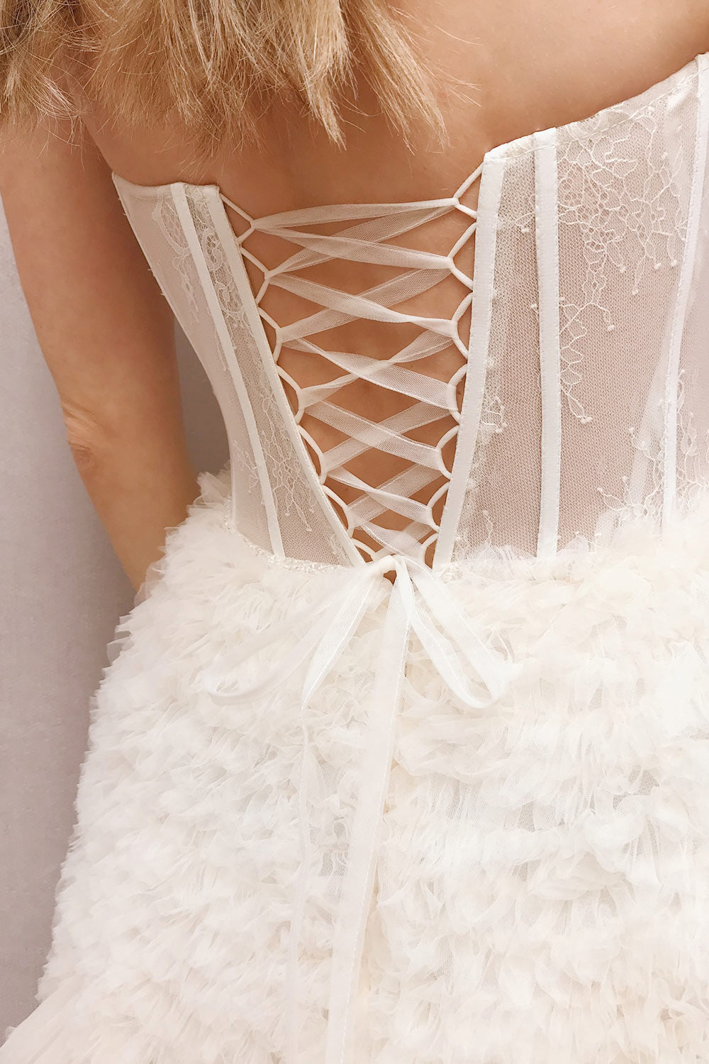 Asako Ivory Bustier Layered Tulle Maxi Dress | Boudoir 1861 model back