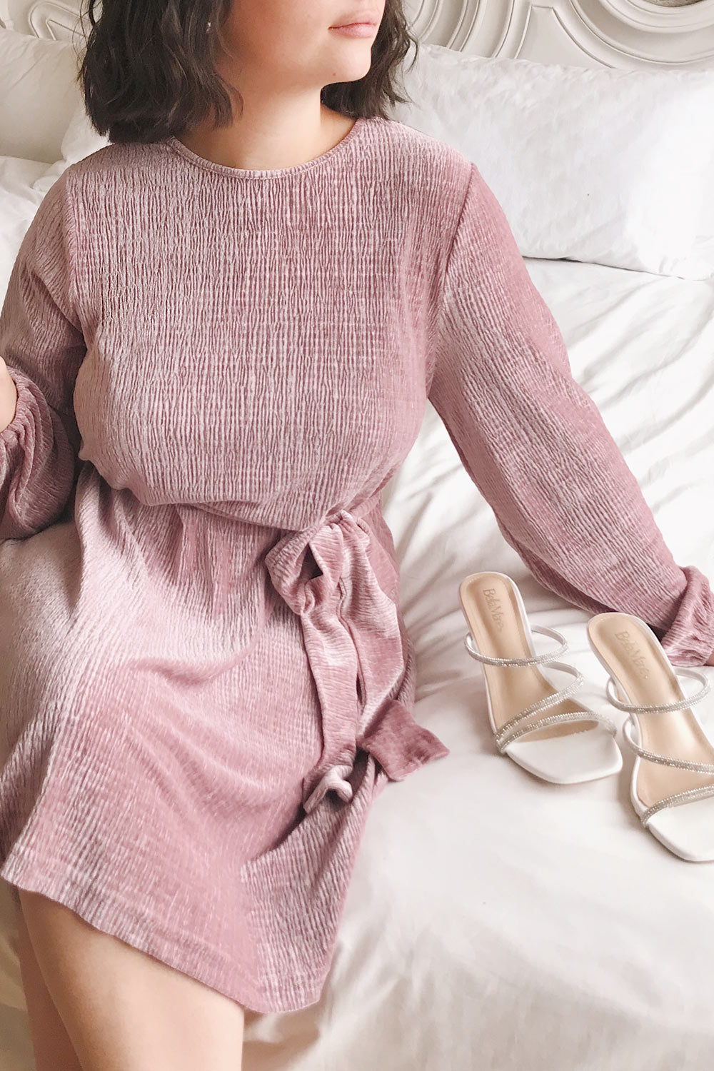 Casale Mauve Short Ribbed Velvet Dress | La petite garçonne model