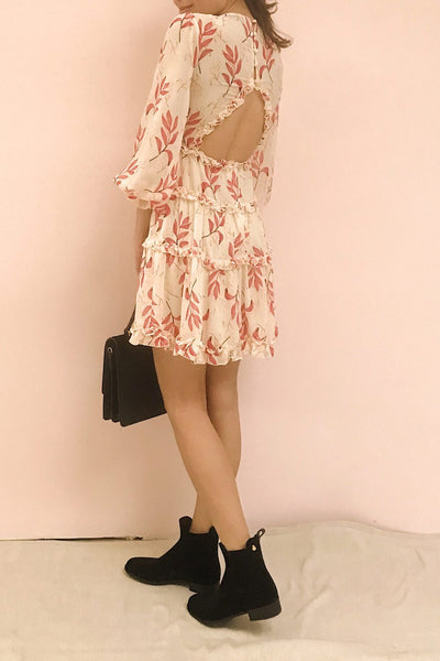 Celina Cream & Pink Long Sleeve Short Dress | Boutique 1861 model back