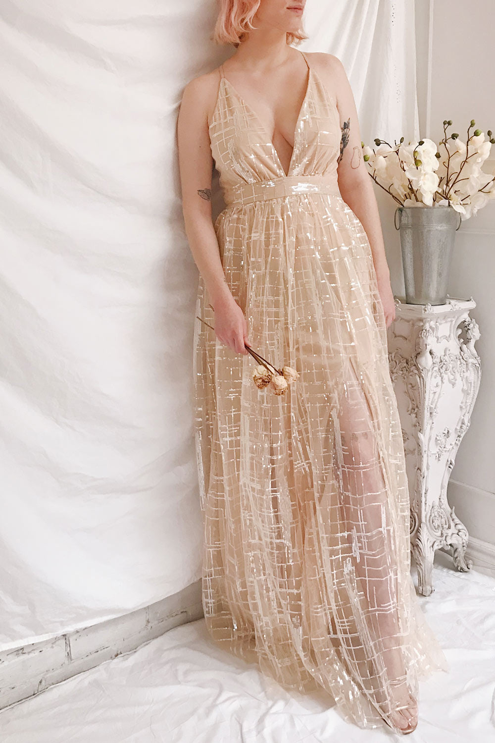 Chandrima Beige Maxi Dress w/ Sequins Tulle | Boutique 1861