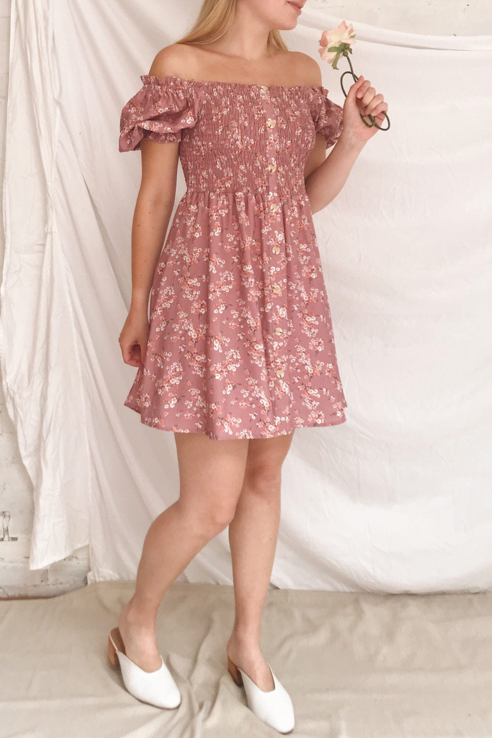 Eydis Mauve Pink Floral Buttoned Short Dress | Boutique 1861 model look