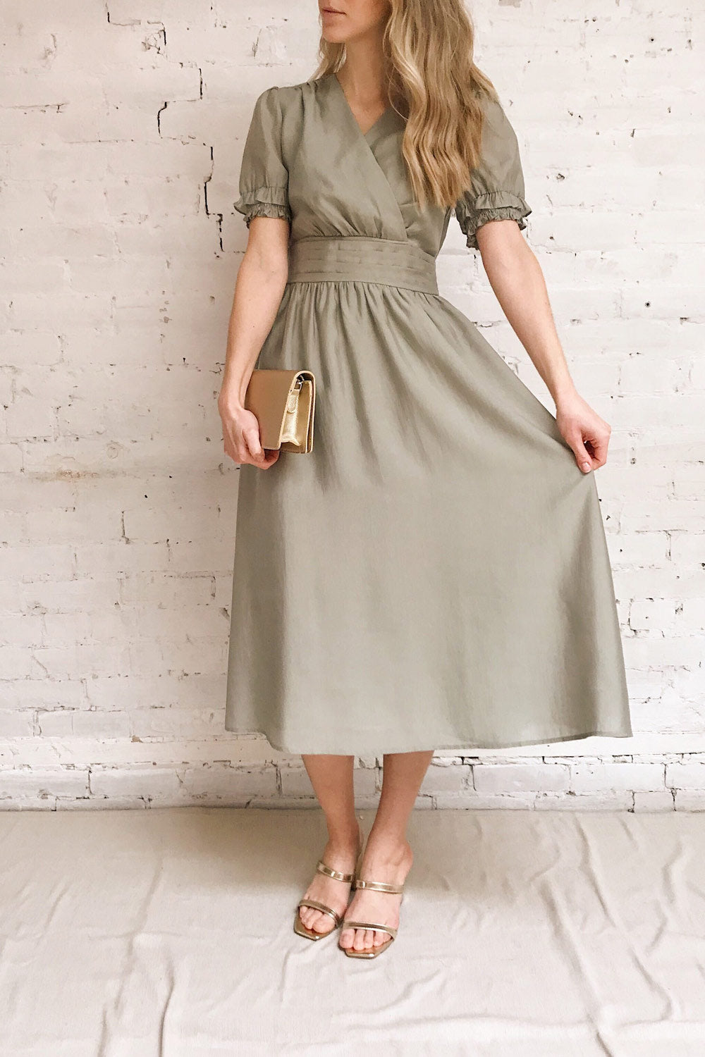 Gretta Sage Short Sleeve Midi A-Line Dress | Boutique 1861 on model