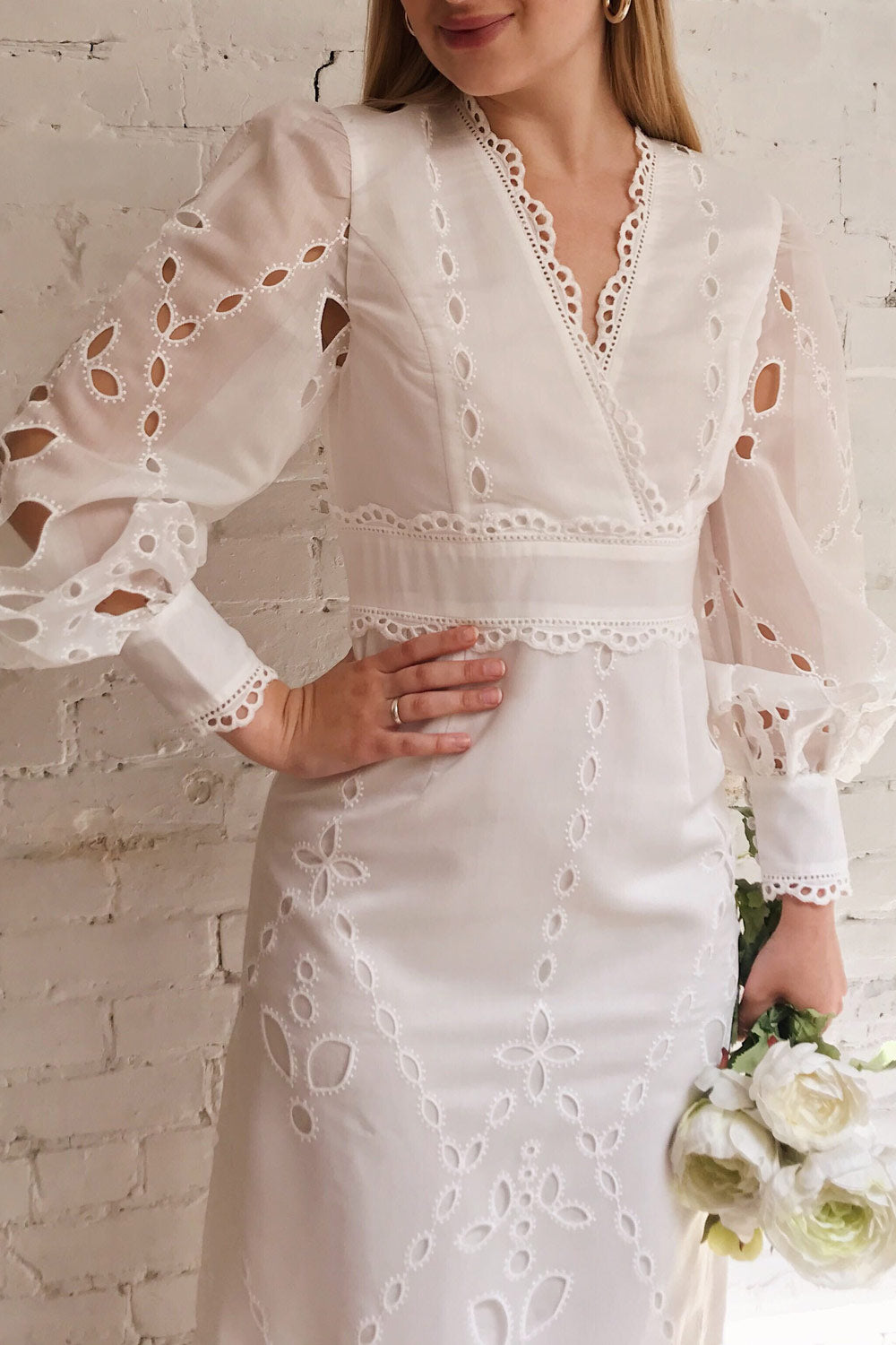 Sokaina White Crocheted Lace Cropped Trousers | Boudoir 1861 on model