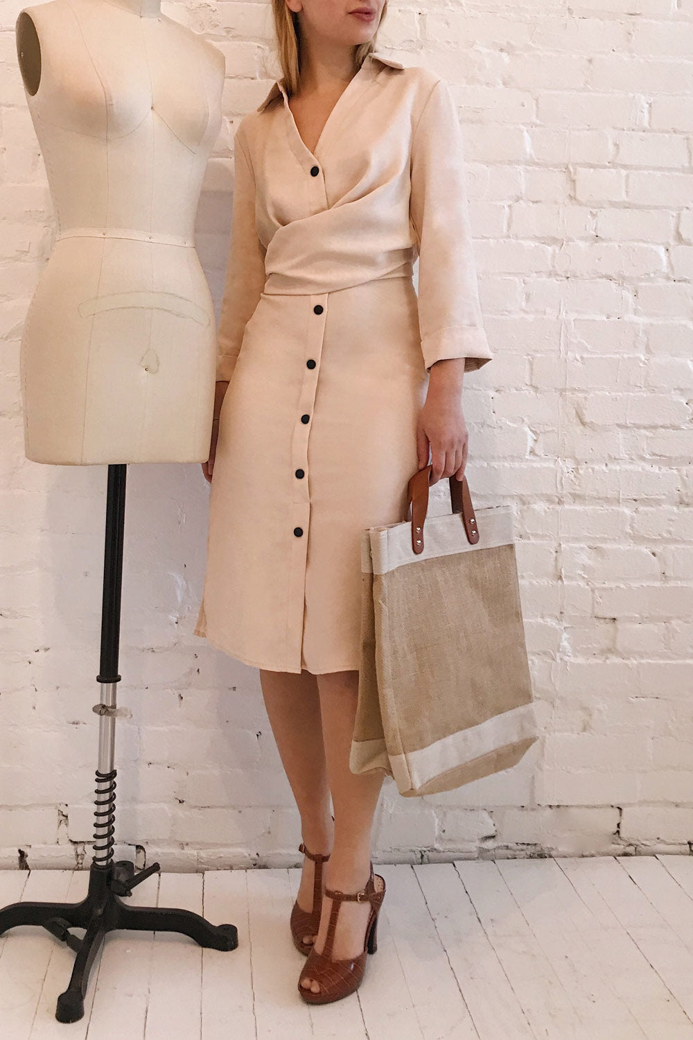 Helmond Beige Buttoned Midi Dress | La petite garçonne model look