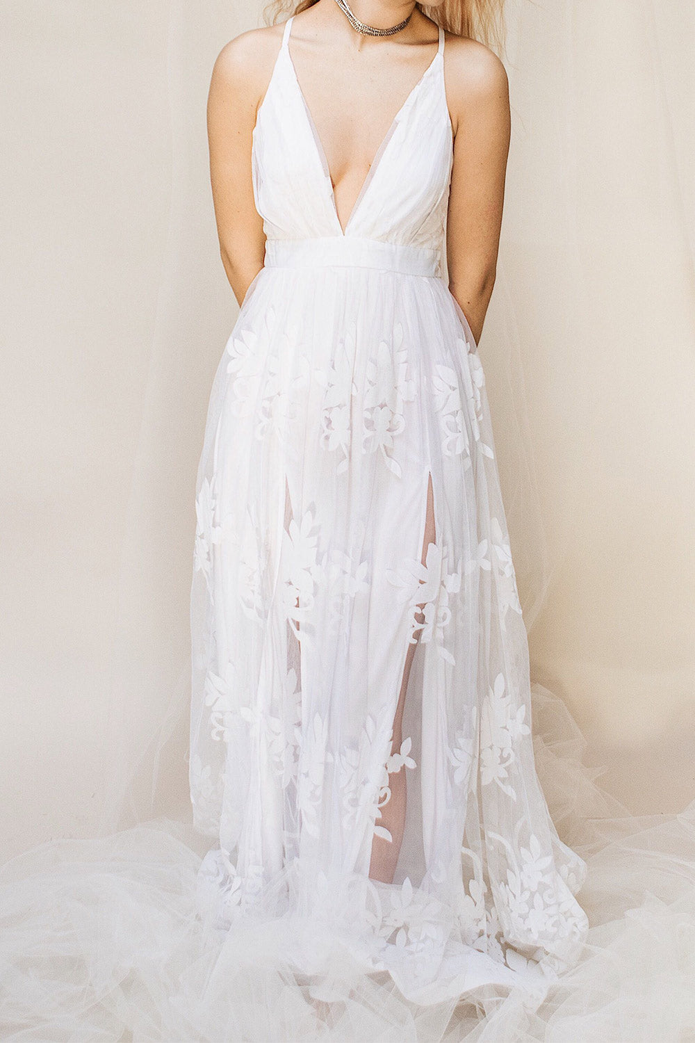 Kailania White Plunging Neckline Mesh Maxi Gown | Boudoir 1861 on model
