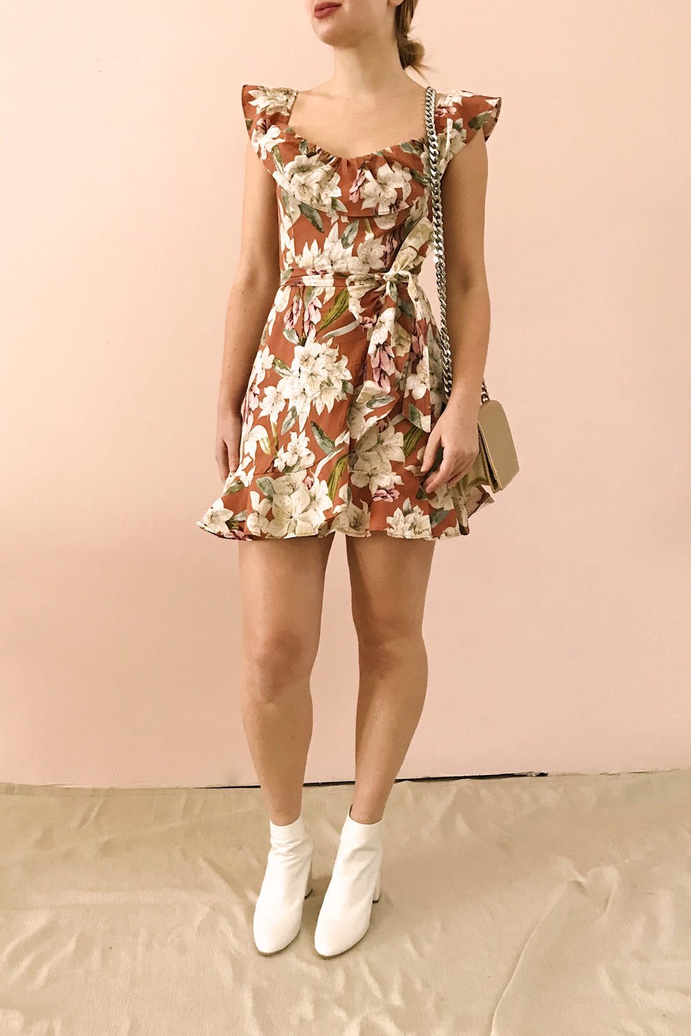 Marietta Floral Off-Shoulder Short Dress | Boutique 1861 on model 2