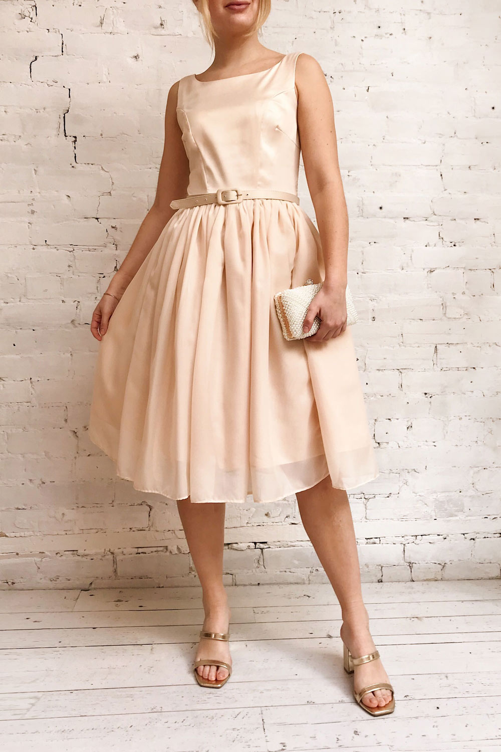 Maruela Beige A-Line Flared Midi Dress | Boutique 1861 model look