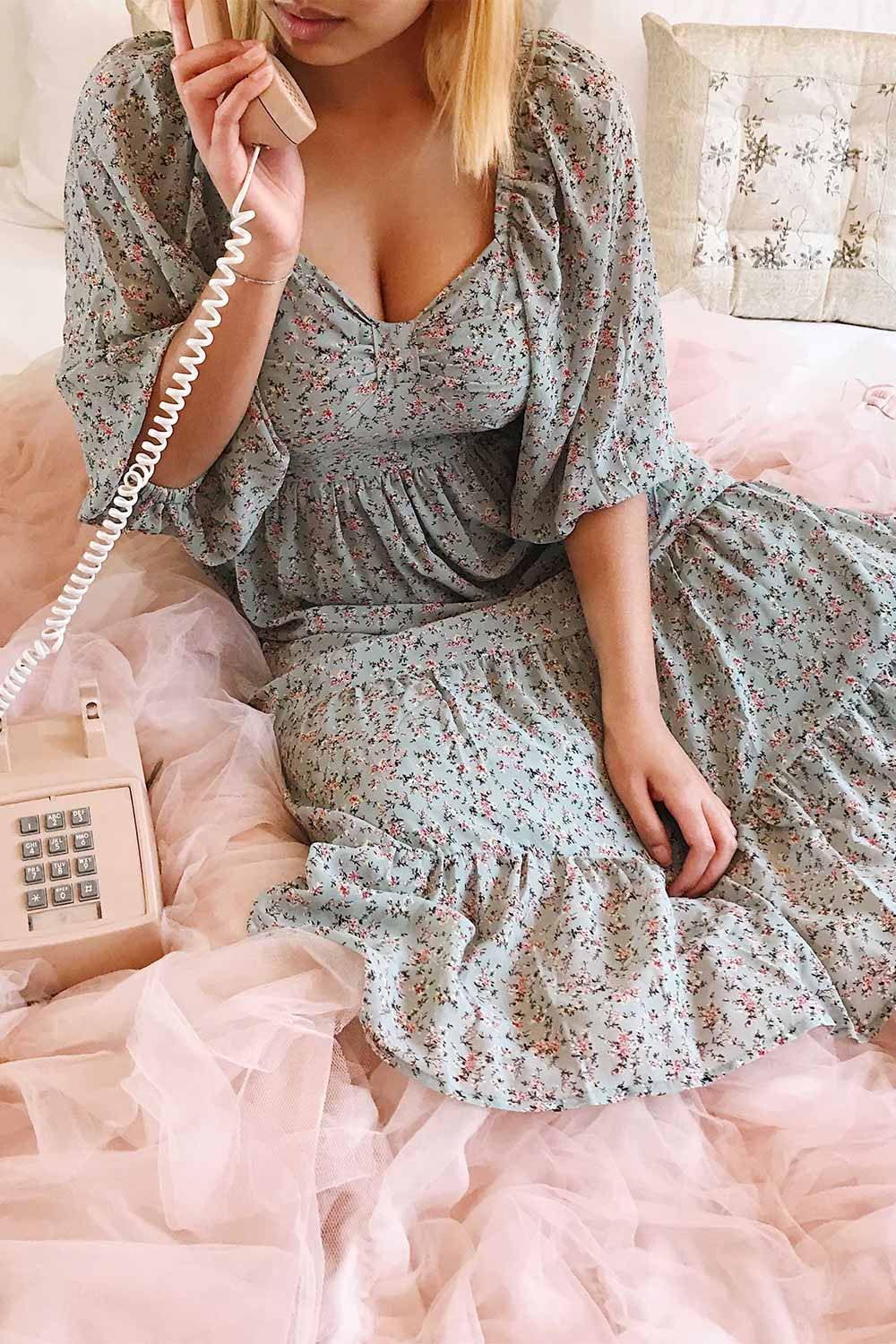 Meliora Green-Blue Floral Layered Dress | La petite garçonne on model