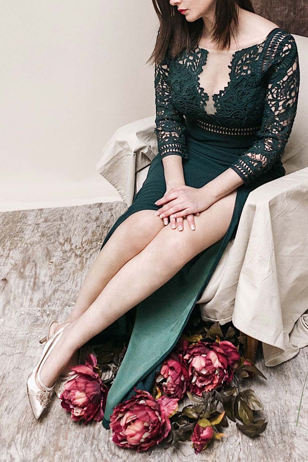 Shafinaz Emerald Green Lace Boat Neckline Maxi Dress | Boudoir 1861