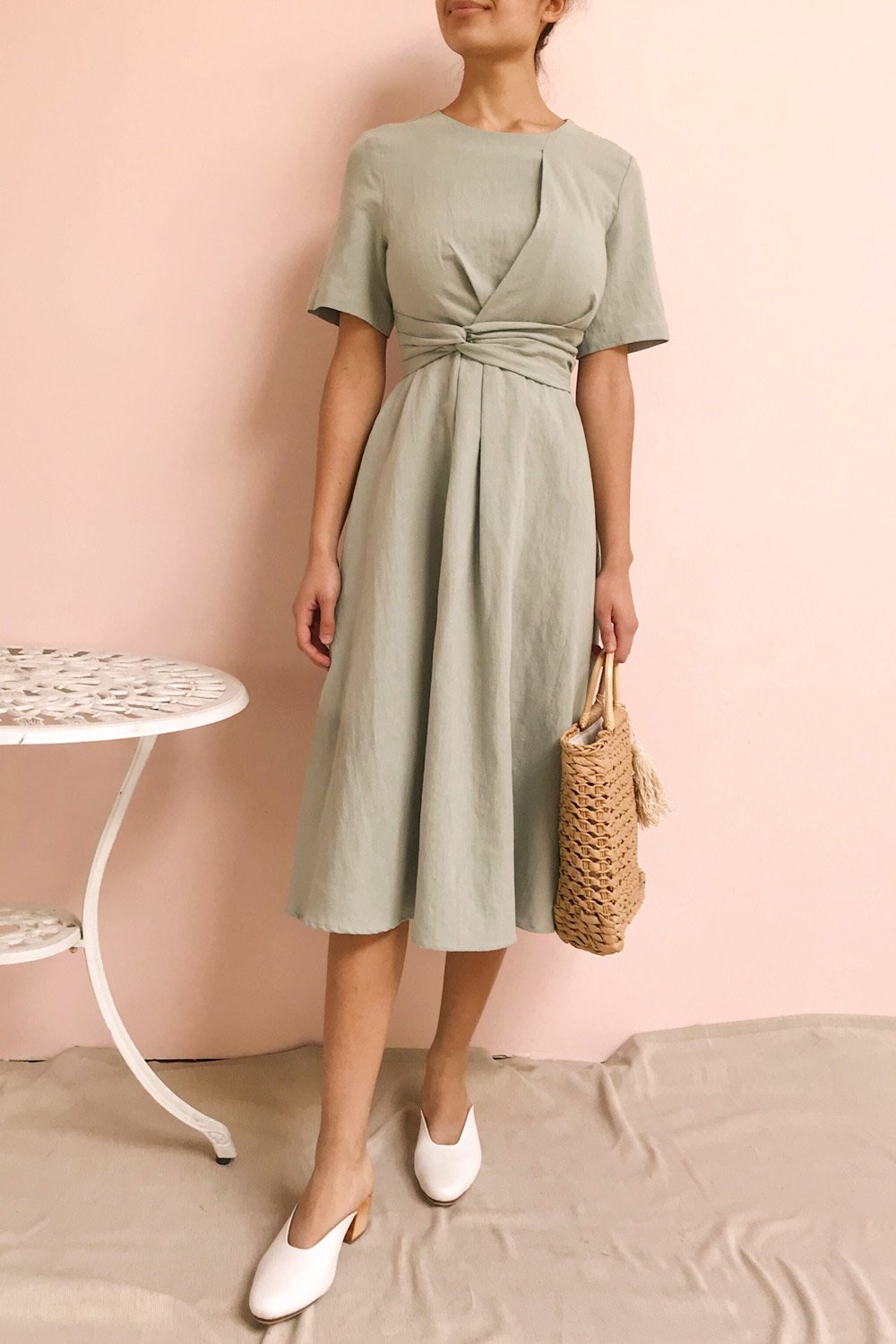 Valthi Blue Linen A-Line Midi Dress | La petite garçonne on model