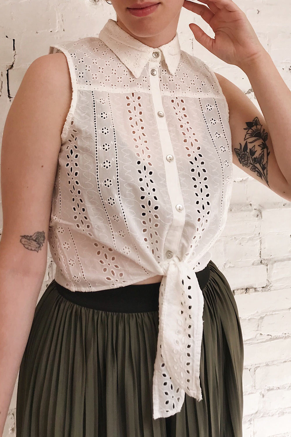 Drochia White Sleeveless Openwork Blouse | La petite garçonne on model