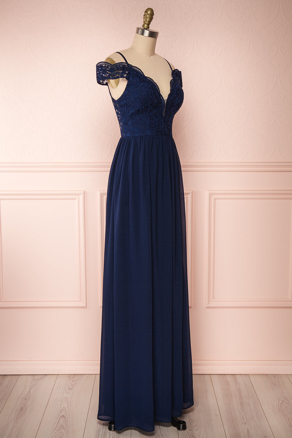 Dulcea Navy Chiffon Off-Shoulder Gown | Robe side view | Boudoir 1861