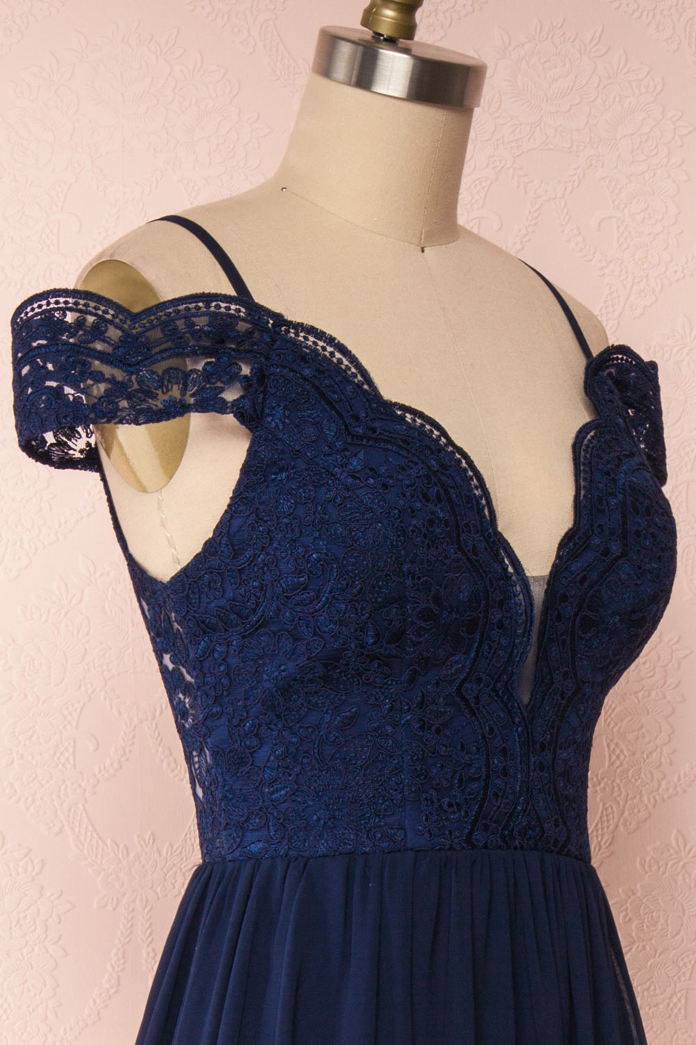 Dulcea Navy Chiffon Off-Shoulder Gown | Robe side close up | Boudoir 1861