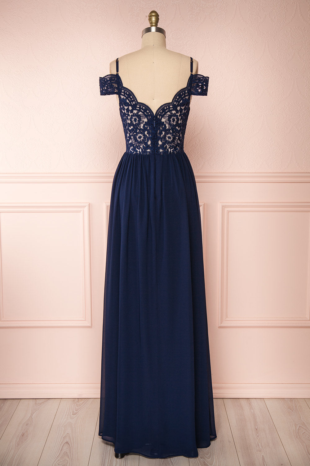 Dulcea Navy Chiffon Off-Shoulder Gown | Robe back view | Boudoir 1861