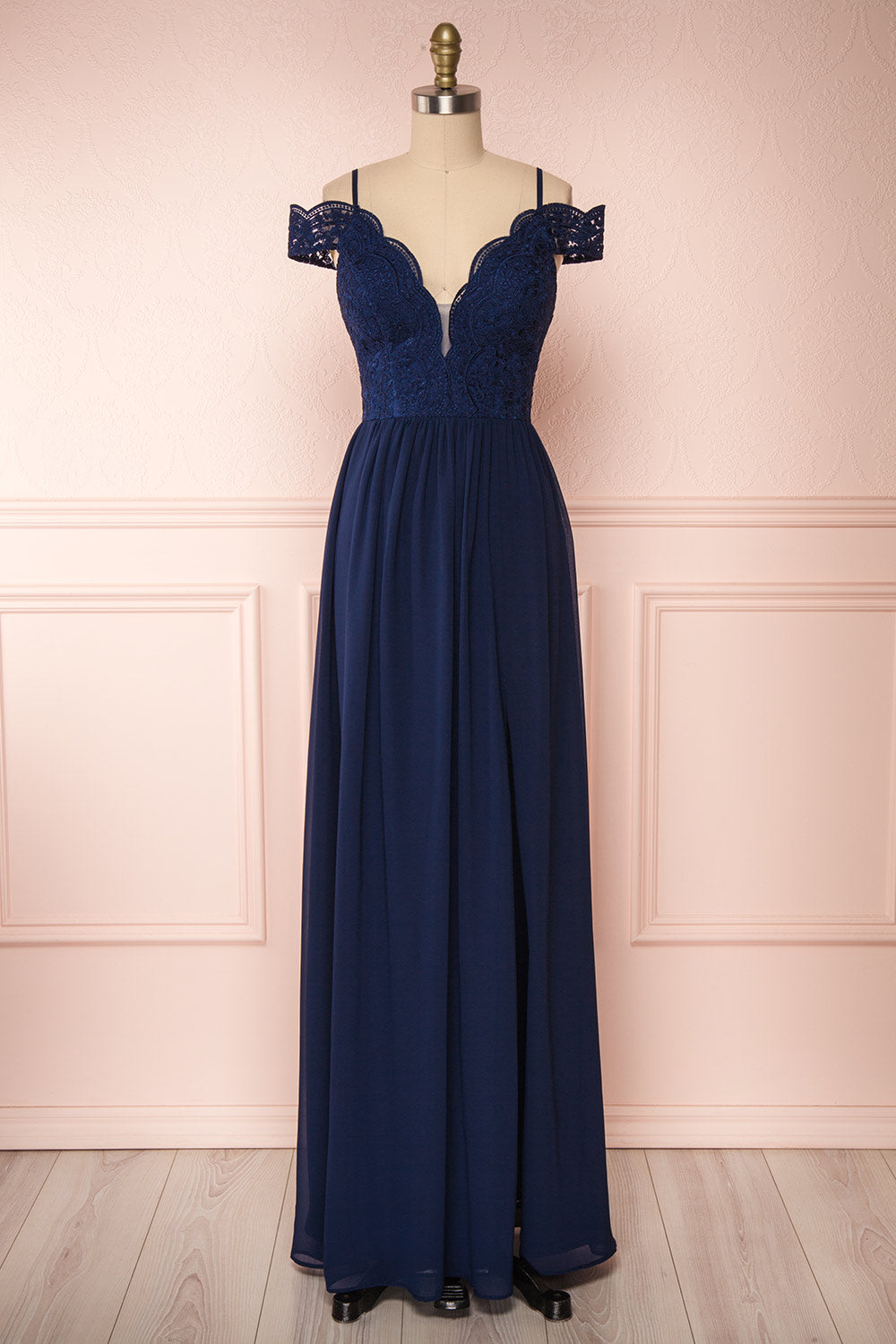 Dulcea Navy Chiffon Off-Shoulder Gown | Robe | Boudoir 1861