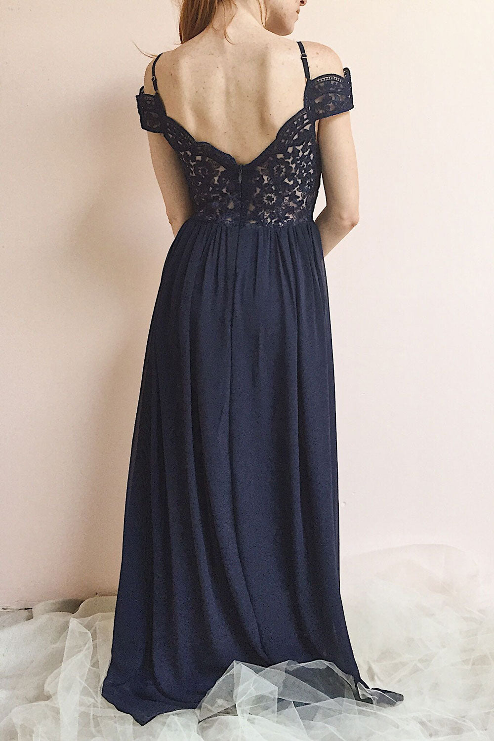 Dulcea Navy Chiffon Off-Shoulder Gown | Robe | Boutique 1861 model back