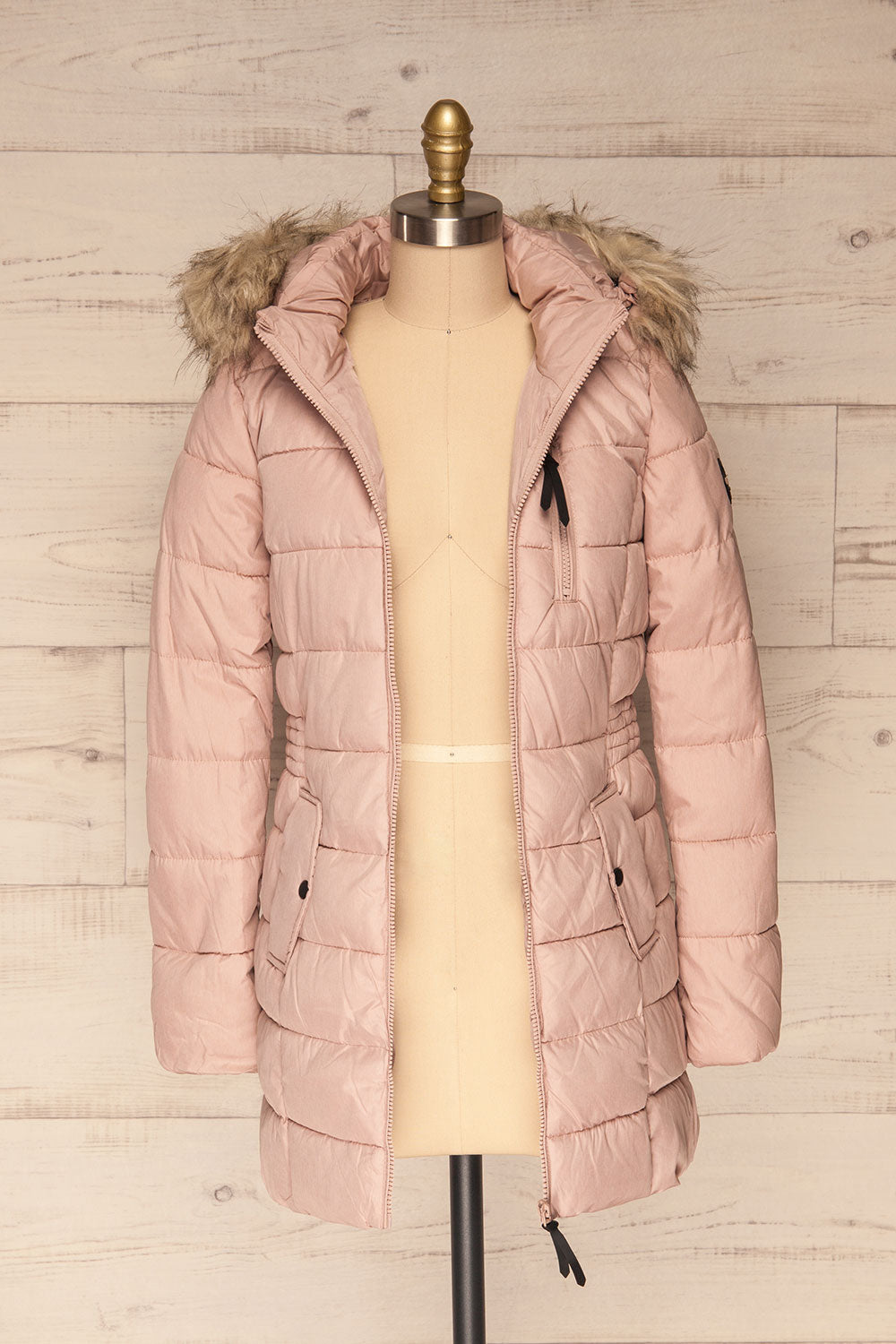 Dumfries Light Pink Parka Coat with Faux Fur Hood | La Petite Garçonne front view open
